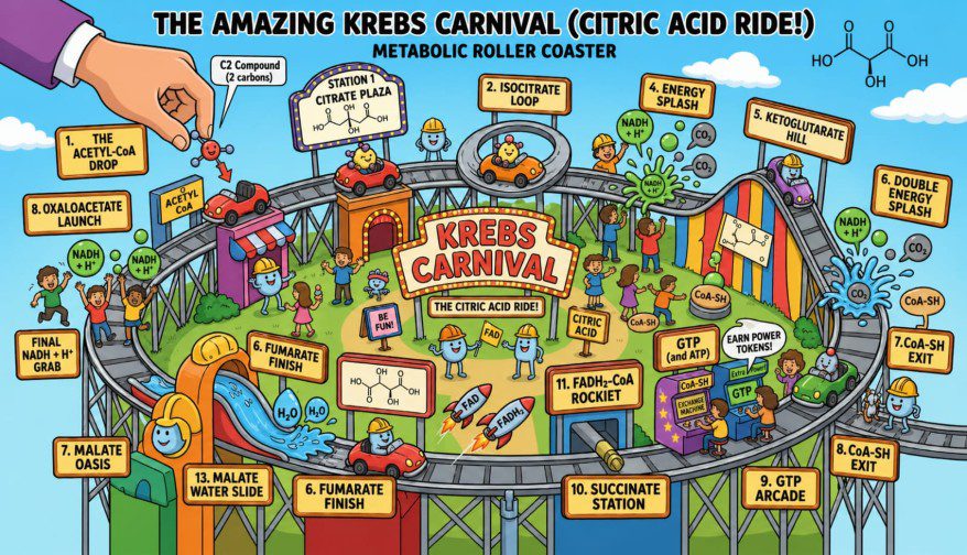 A vibrant cartoon showing the "Metabolic Roller Coaster", Krebs cycle explained,