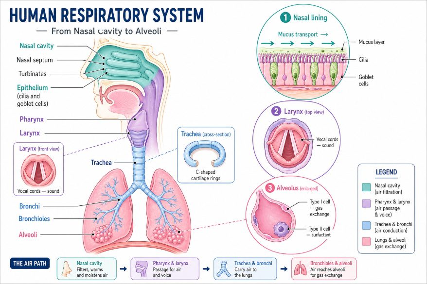 Labelled diagram of the parts of the human respiratory system — detailed anatomy for students.