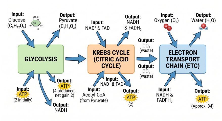 Krebs cycle explained via a three-stage flowchart showing molecular flow from glucose to final ATP production.