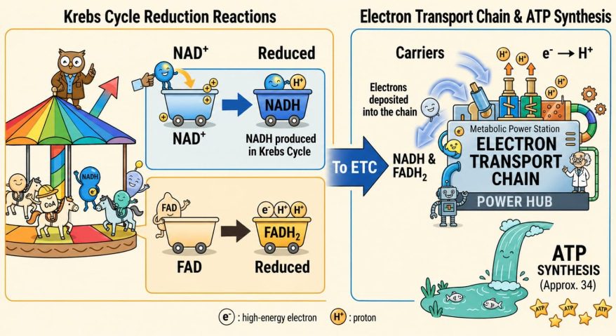 An infographic linking electron carrier reduction in the Krebs Cycle to ATP production in the Electron Transport Chain.