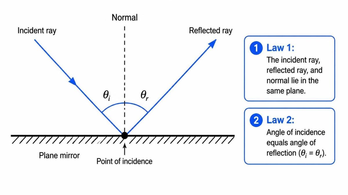Diagram of the two laws of reflection in physics: incident ray, normal, and reflected ray in the same plane, with θi equal to θr.