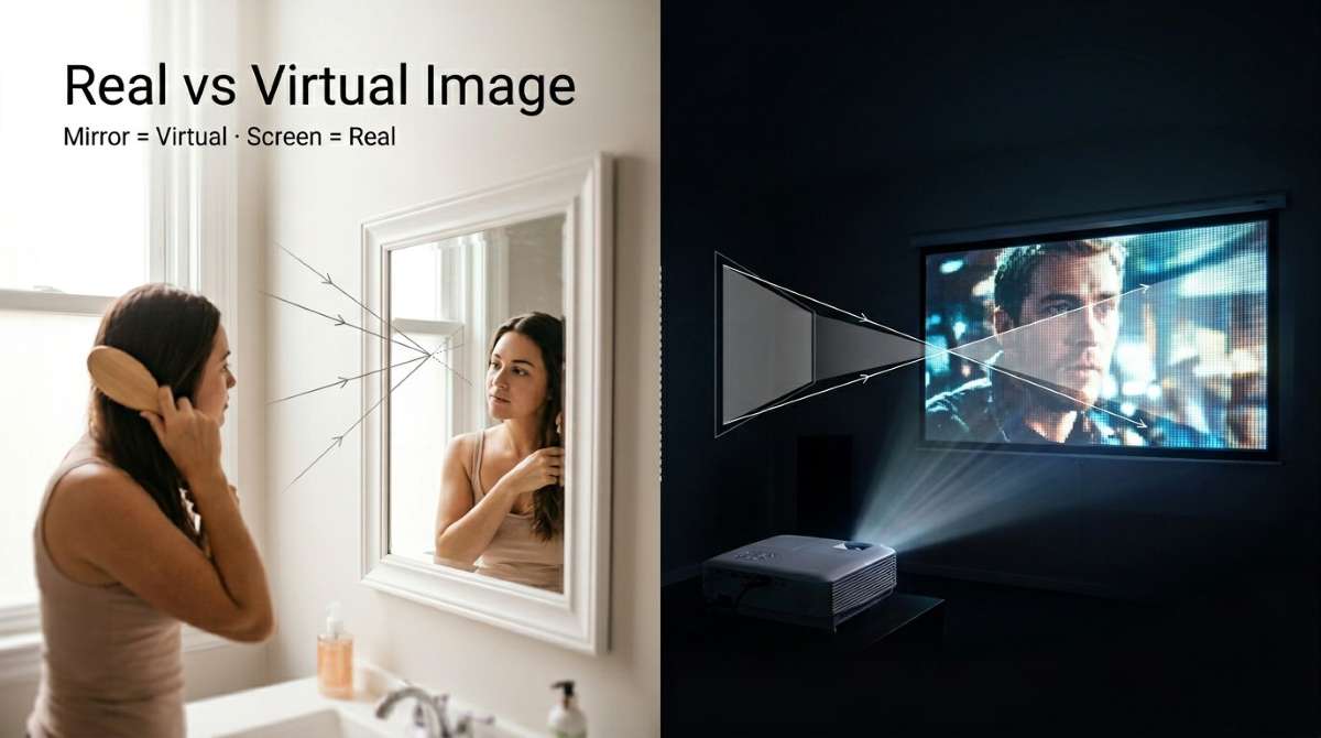 Split image: left — person brushing hair with virtual reflection in a mirror; right — projector casting a real image onto a screen; labeled 'Real vs Virtual Image' in upper-left.