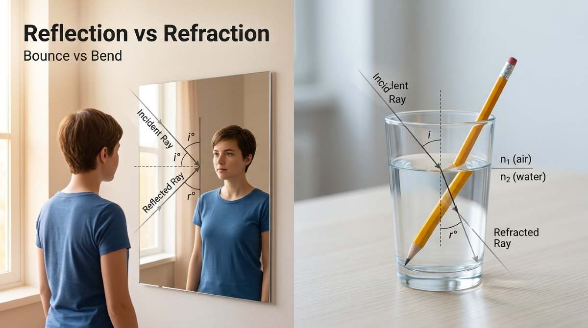 Split image: left — person and mirror showing reflected image with incident/reflected rays; right — pencil in a glass of water appearing bent with refracted ray overlays; titled 'Reflection vs Refraction' in upper-left