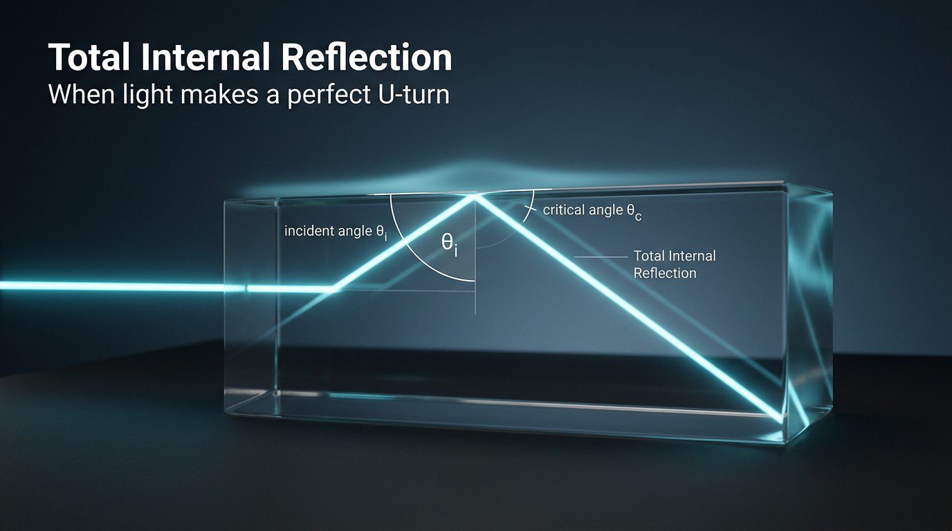 Laser-like beam inside a glass block hitting the boundary and reflecting entirely back — diagram labels show incident angle and critical angle; titled 'Total Internal Reflection' in upper-left