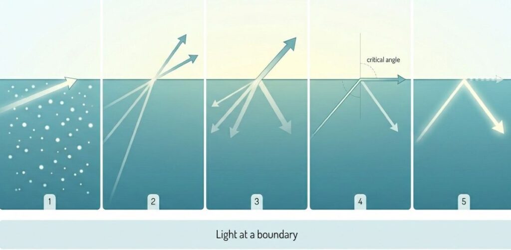 Illustration showing five panels of light hitting a boundary from a denser medium: (1) straight travel, (2) beams at different angles, (3) partial transmission and partial reflection at small angles, (4) light at the critical angle traveling along the surface, (5) total internal reflection sending all light back into the denser medium.