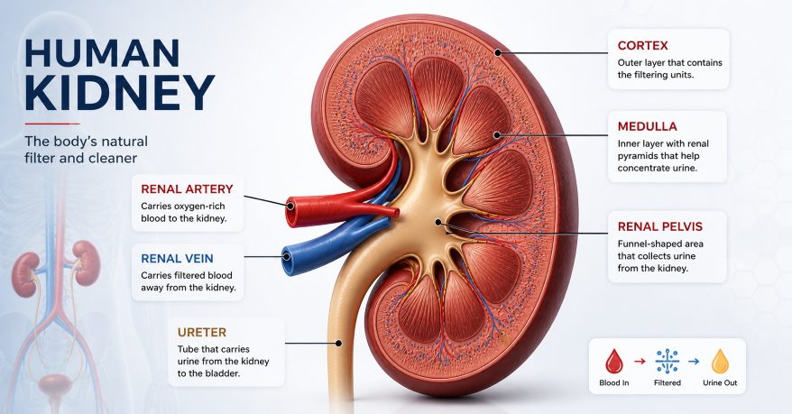 Labeled diagram of a human kidney showing its structure and fubction.