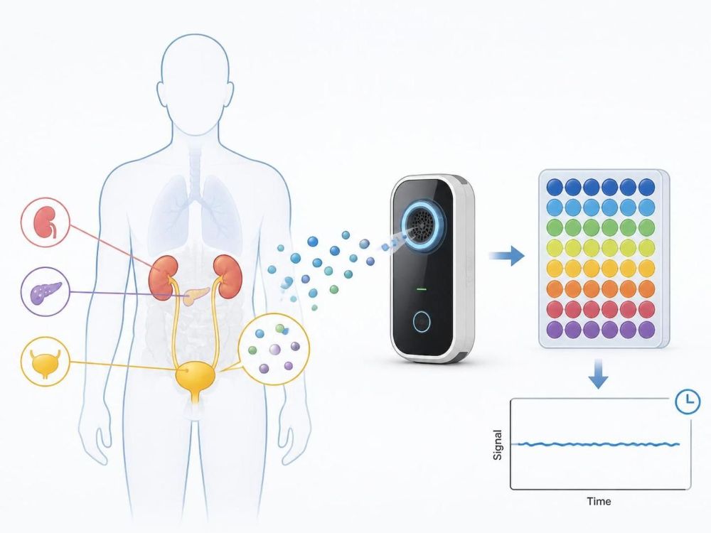 Infographic illustrating urine odour detection using a breathalyser-style sensor, urine sample testing, and time-based sensor results for odour detection.