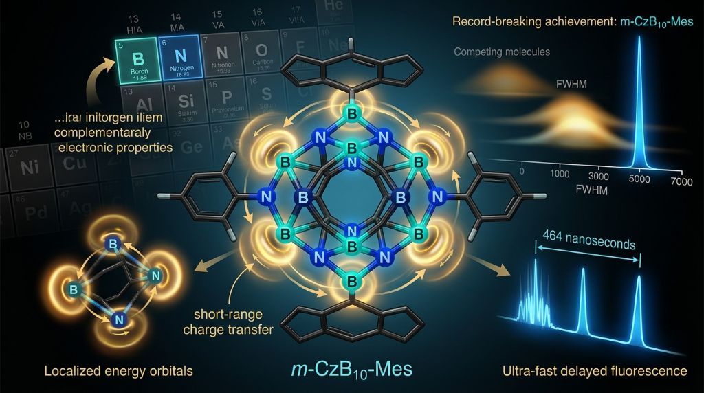 Emission spectrum LED concept graphic illustrating localized energy orbitals, ion/charge transfer, and ultrafast delayed fluorescence signals with labeled B and N atoms.