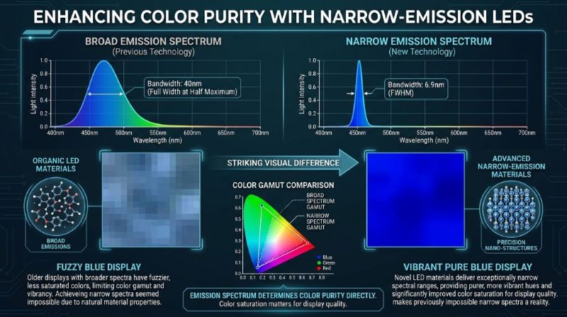 Diagram illustrating comparing broad vs narrow emission spectrum LEDs, illustrating narrow-wavelength “emission spectrum LED” performance and enhanced color purity in LED display applications.