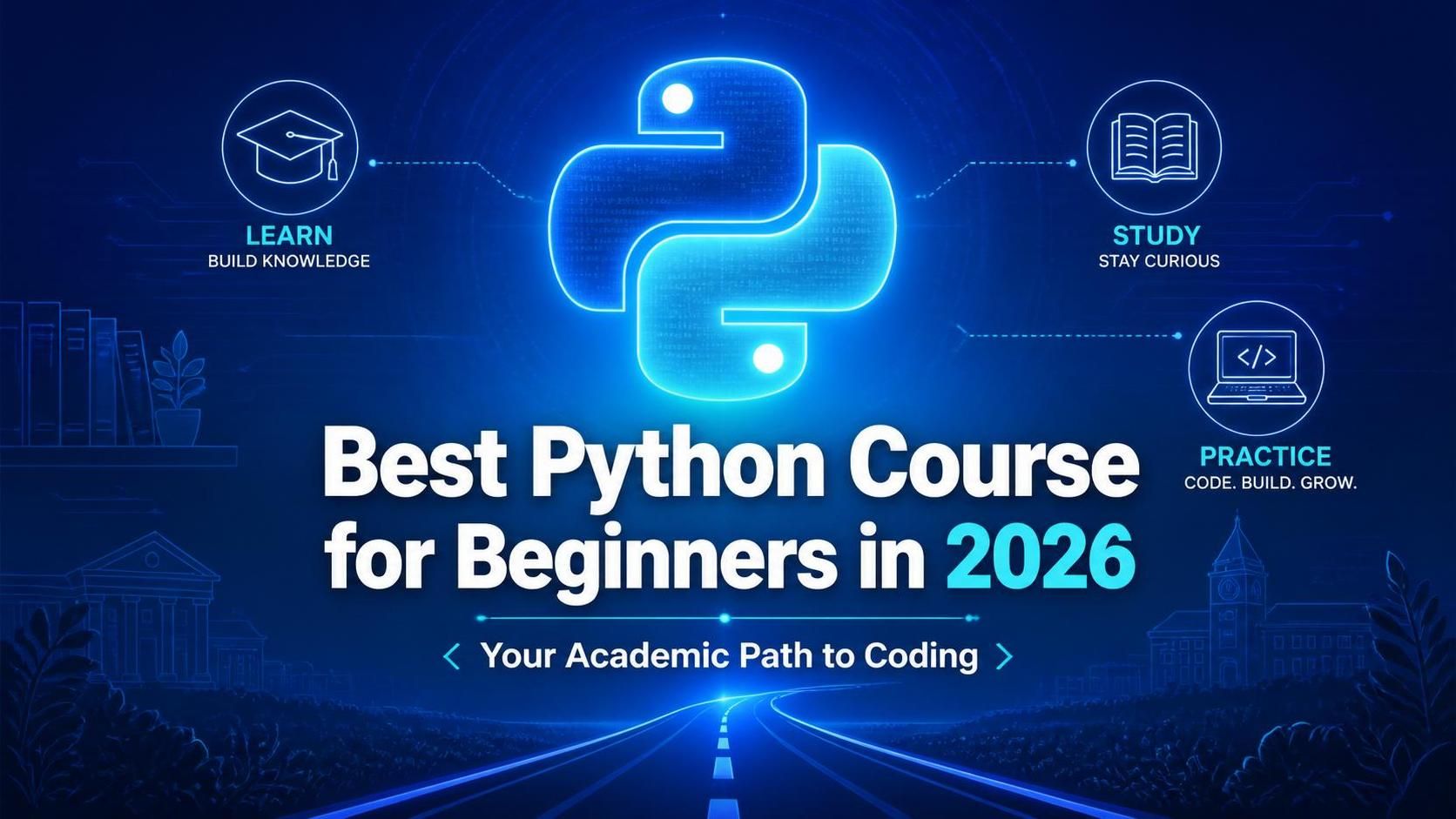 Best Python Course for Beginners in 2026: Your Academic Path to Coding—tech-themed blog feature image with a glowing Python-inspired motif, graduation and learning icons on a blue academic background.